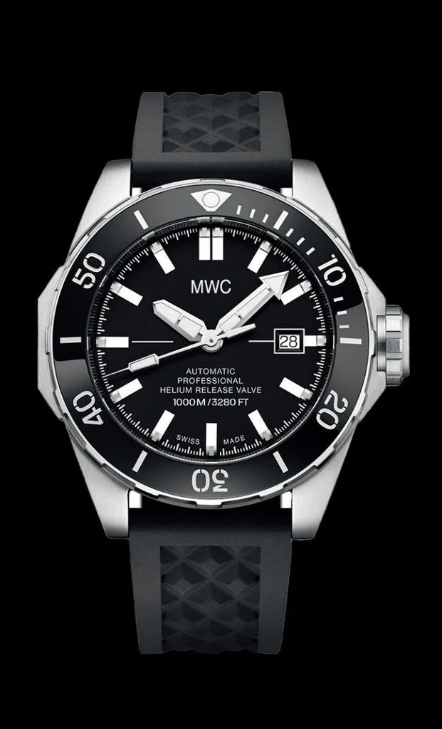 MWC 100atm / 3,280ft / 1000m Water Resistant Divers Watch in Stainless Steel Case with Helium Valve on Silicon Strap / 100% Swiss Made with Sellita SW200 26 Jewel Automatic Movement