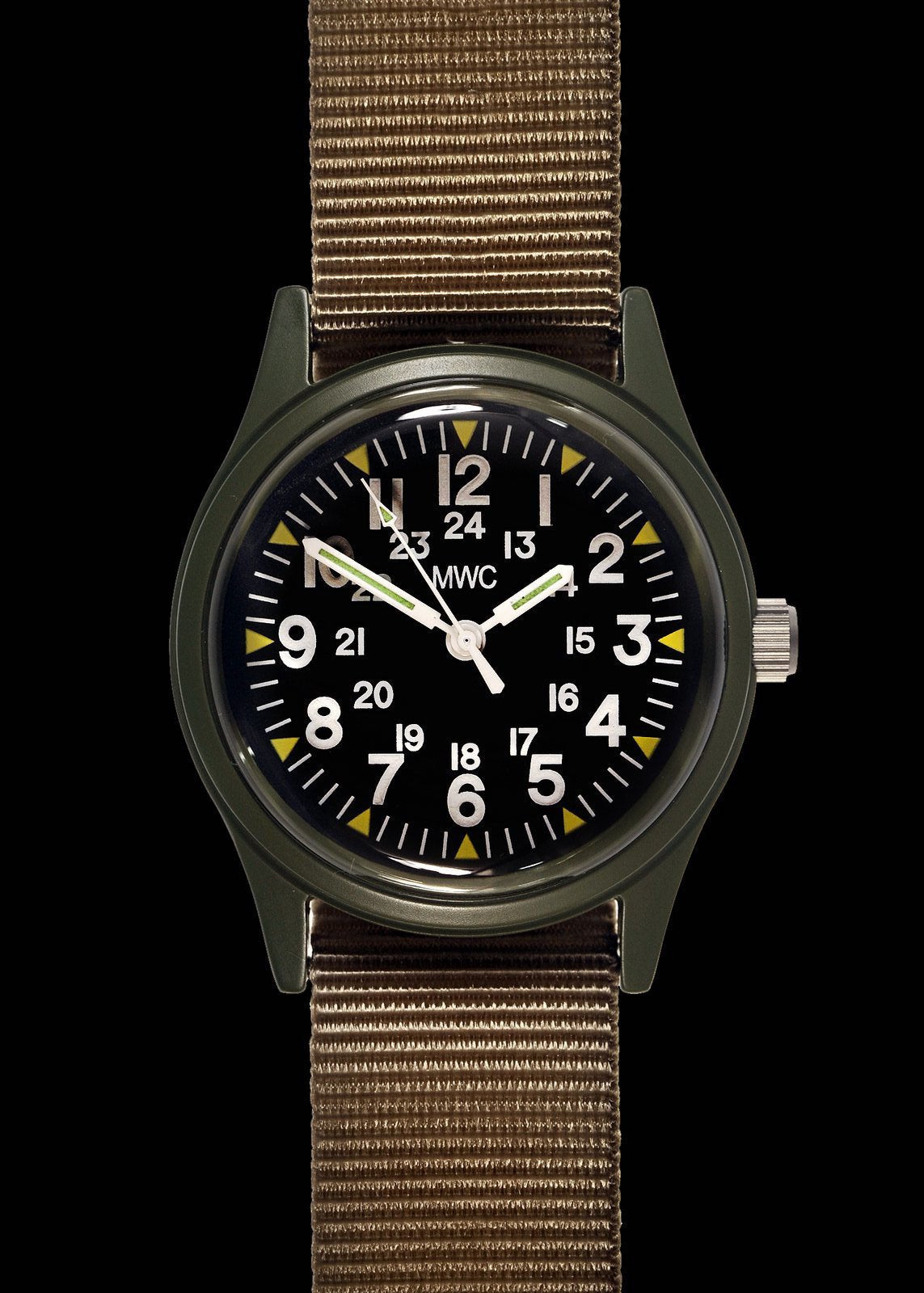 MWC Classic Watch - 1960s / 70s Pattern Olive Vietnam Watch on Matching Khaki Webbing Strap