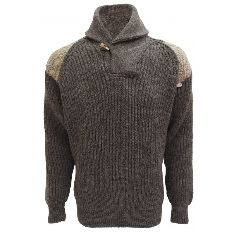 Byreman - Chunky knit Shawl Collar Sweater with Harris Tweed patches