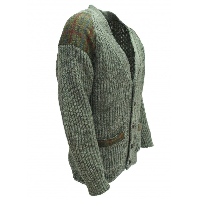 Laird - Chunky knit traditional cardigan with Harris Tweed patches
