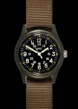MWC Classic Watch - 1960s / 70s Pattern Olive Vietnam Watch on Matching Khaki Webbing Strap