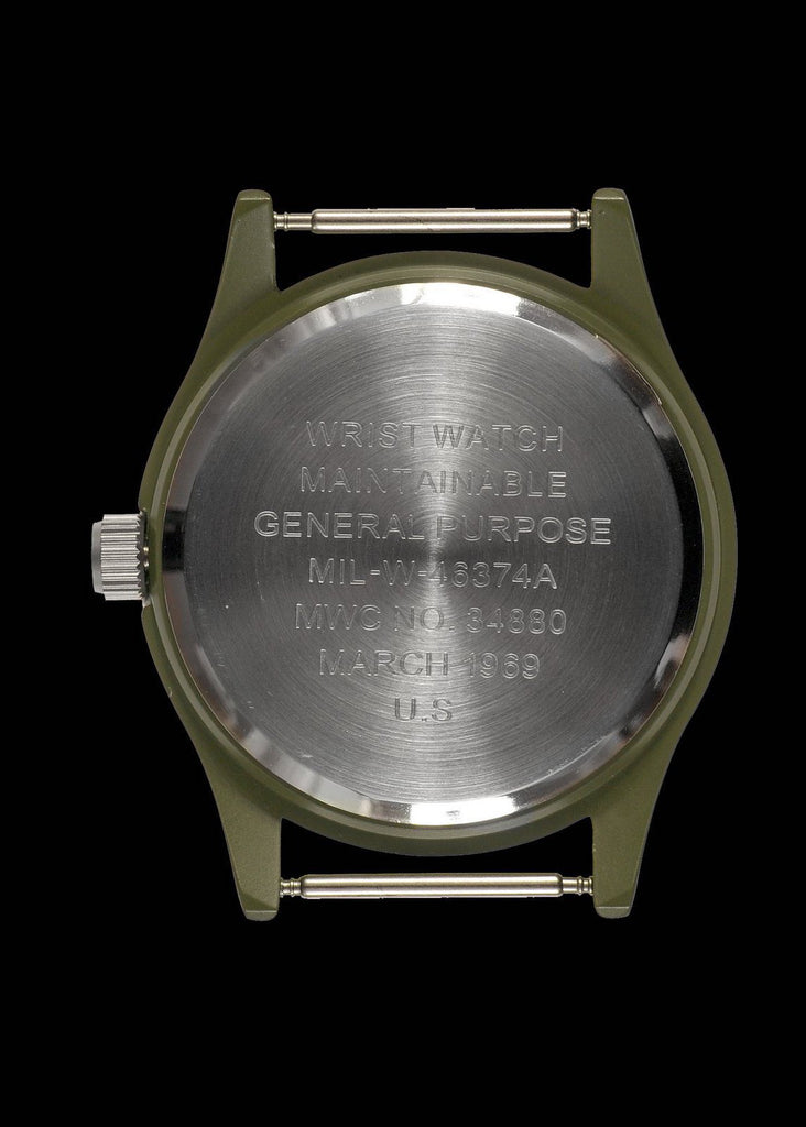 MWC Classic Watch - 1960s / 70s Pattern Olive Vietnam Watch on Matching Khaki Webbing Strap