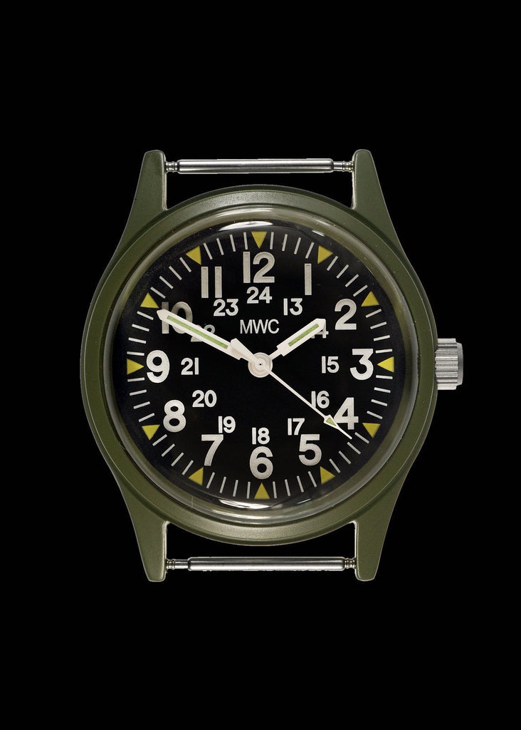 MWC Classic Watch - 1960s / 70s Pattern Olive Vietnam Watch on Matching Khaki Webbing Strap