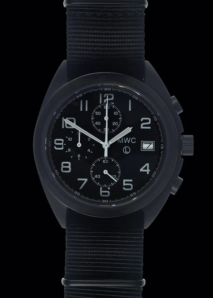 MWC Mechanical/Quartz Hybrid NATO Pattern Military Pilots Chronograph in Non Reflective Black PVD Finish with Sapphire Crystal