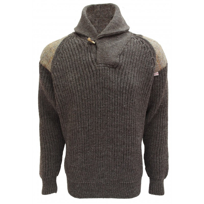 Byreman - Chunky knit Shawl Collar Sweater with Harris Tweed patches 41122