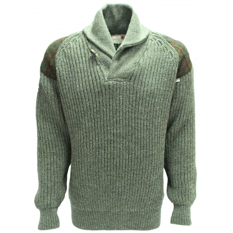 Byreman - Chunky knit Shawl Collar Sweater with Harris Tweed patches ...