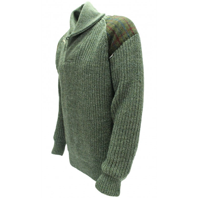Byreman - Chunky knit Shawl Collar Sweater with Harris Tweed patches 41122