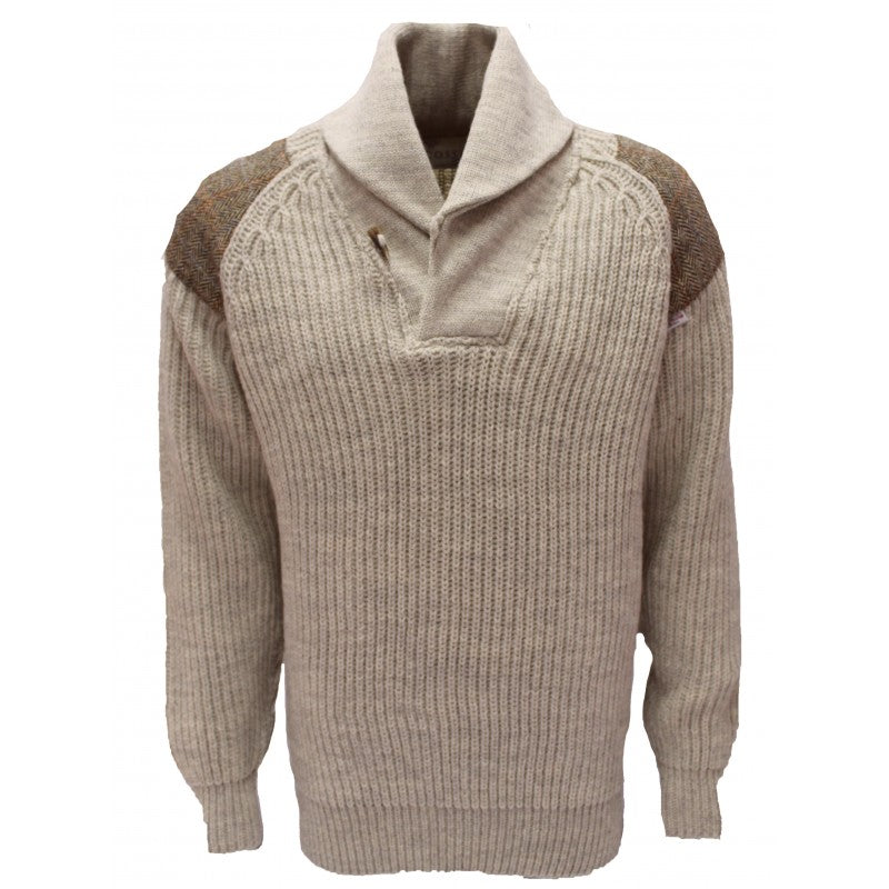 Byreman - Chunky knit Shawl Collar Sweater with Harris Tweed patches
