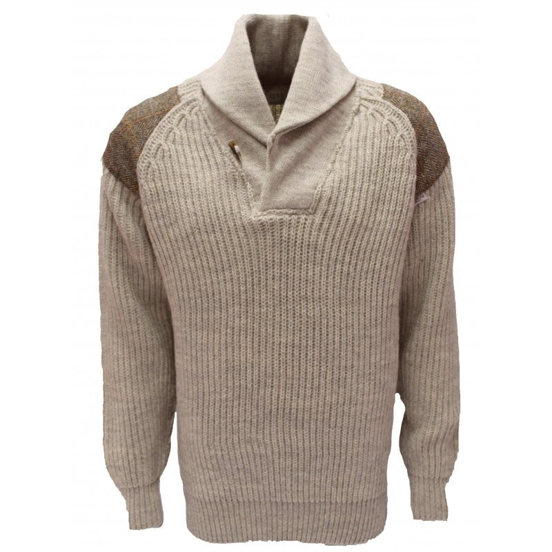 Byreman - Chunky knit Shawl Collar Sweater with Harris Tweed patches 41122