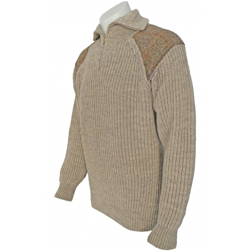 Crofter - Chunky quarter zip neck sweater with Harris Tweed patches