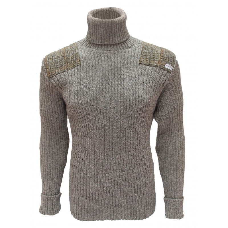 Ghillie - Roll Neck Woolly Pully Sweater with Harris Tweed Patches