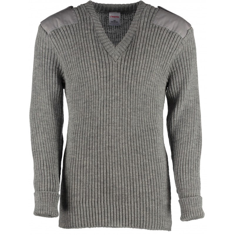 York Woolly Pully Vee Neck Sweater With Patches And Epaulettes - Light Grey  Mix / X Small